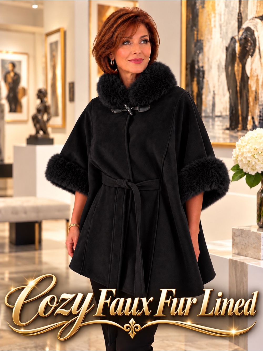 🆕😍😍😍Women’s Black Faux-Fur Trim Caplet with Tie Waist